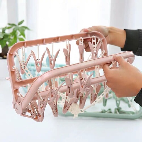Plastic adult windproof foldable clothes hanger children's baby pantyhose hanger household multi-head drying clothes hanger 32 clips