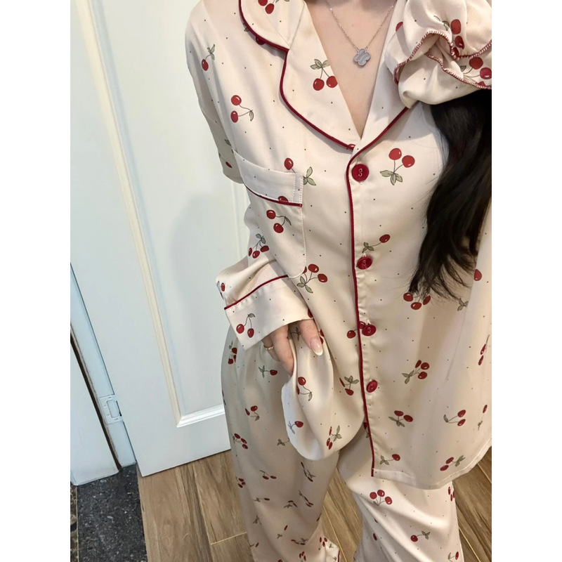 White Deer Cherry Pajamas New Print Set, Same Style as on Xiaohongshu, Long Sleeve and Long Pants, Ice Silk Satin Homewear, Hot Item
