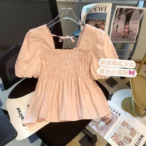 French pleated square collar bubble short-sleeved shirt for women in summer, beautiful Western-style small shirt, waist covering belly, all-match top