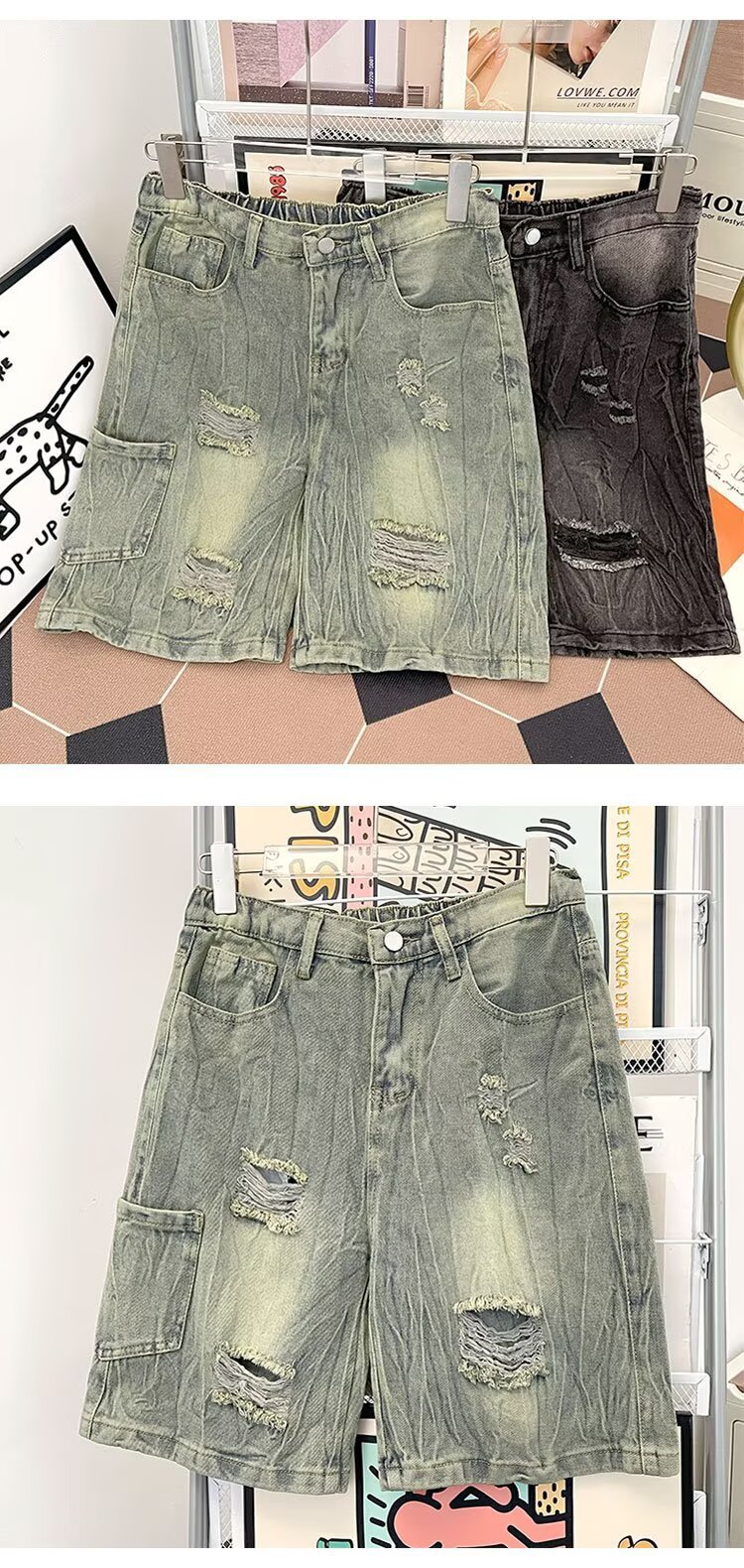 Men's Trendy Distressed Denim Shorts Summer Loose Fitting Washed Five Quarter Length Pants Street Style Trousers_mkmklike.com