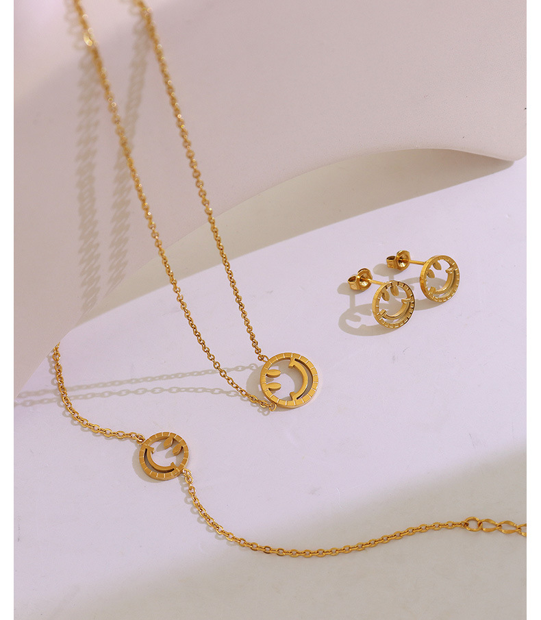 Fashion Smile Face Hollow Pendant Necklace Bracelet Earrings Jewelry Set Plated 18K Gold Accessories