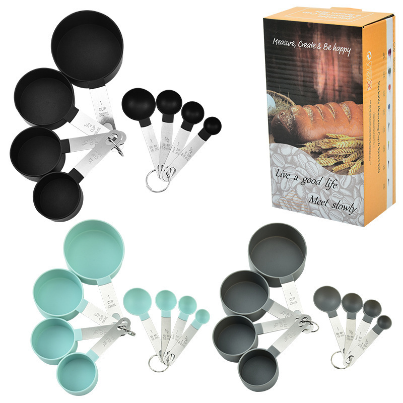 Juego de Tazas y Cucharas Medidoras de 8 Piezas, Plástico y Acero Inoxidable 430, Graduado, para Repostería y Cocina