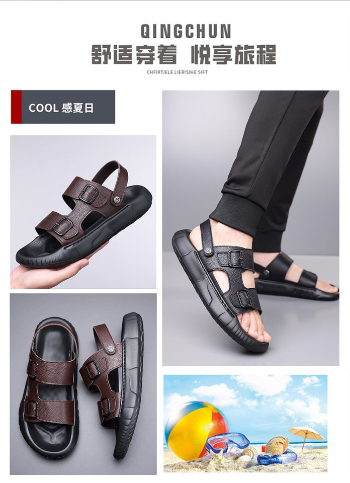 Dép sandal nam da bò lớp đầu hở ngón thoáng khí chống trượt đi biển — GA07 màu nâu, GA07 màu đen chi tiết 4