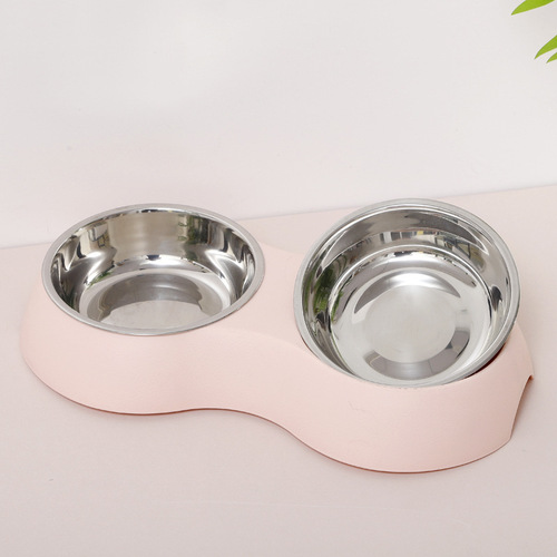 Pet Stainless Steel Double Bowl Dog Feeding Supplies Macaron Color Leather Texture Cat Bowl Oval Simple Double Bowl Wholesale