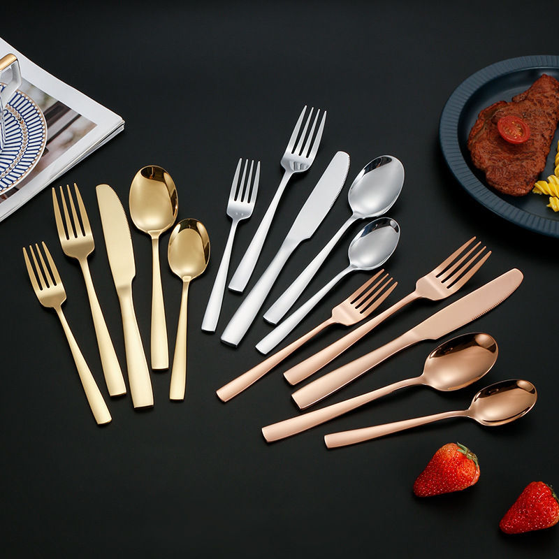 Suministro directo de Amazon mango cuadrado vajilla de acero inoxidable cuchillo de comida occidental tenedor cuchara Hotel europeo cuchillo de carne tenedor cuchara traje