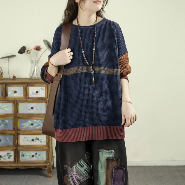 Literary Retro Thick Knitted Color-Blocked Sweater for Women 25 Autum New Loose Round Neck Knitted Pullover for Women