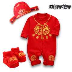 Baby clothes new spring and autumn red embroidery long-sleeved onesie for 1-year-old baby full moon birthday gift clothing