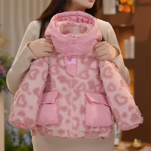 w305女童粉色豹纹绒外套宝宝冬装儿童韩版洋气夹棉连帽冬季童装