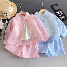 2025夏季薄款女童衬衫背心短裤洋气竖条纹长袖防蚊防虫防晒三件套