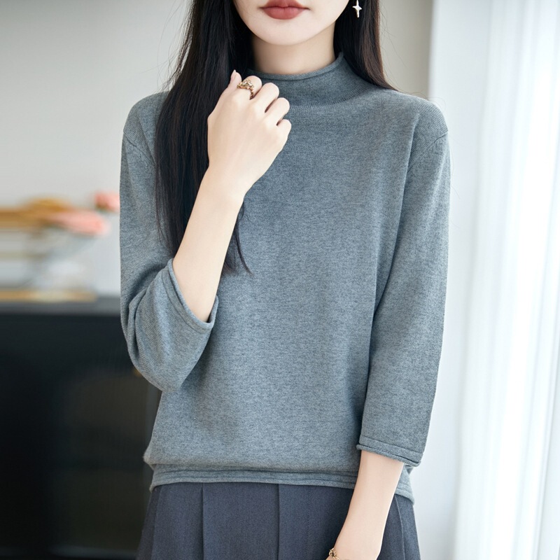 2026 early autumn new model pure cotton half-high collar rolled hem knit top with three-quarter sleeves for women, solid color loose-fitting base shirt wholesale 2026 early autumn new model pure cotton half-high collar rolled hem knit top with three-quarter sleeves for women, solid color loose-fitting base shirt wholesale