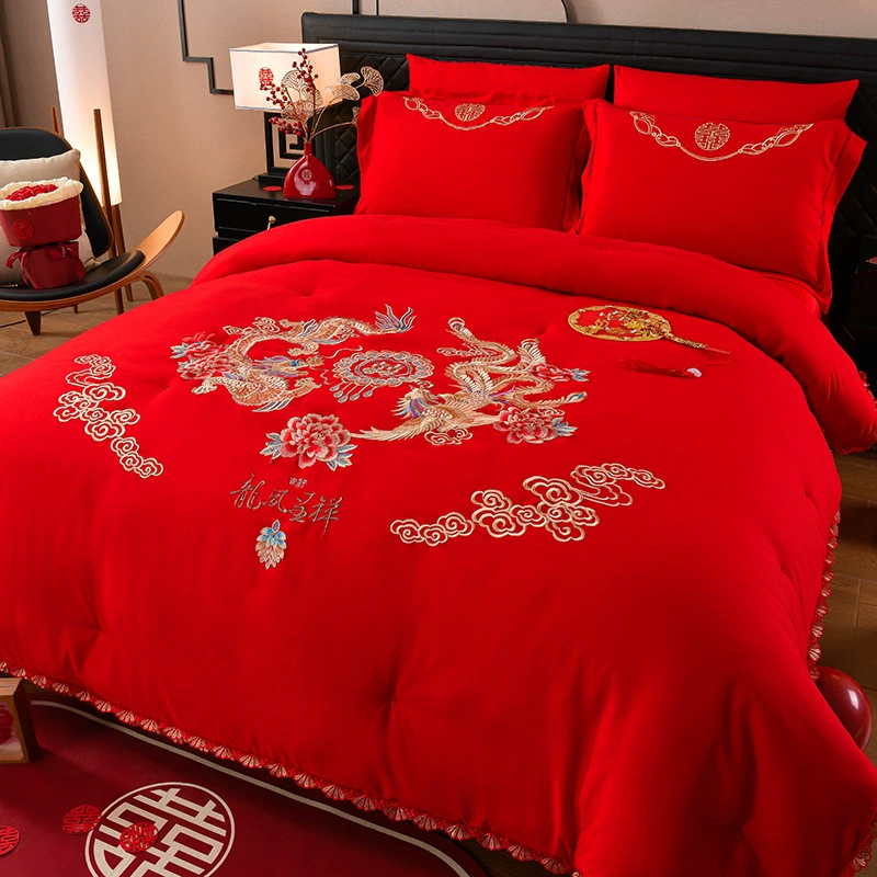Свадебная комната, одеяло из чистого хлопка и шелка, вышивка дракона и феникса, большое красное одеяло для молодоженов, праздничное осенне-зимнее одеяло, свадебное постельное белье