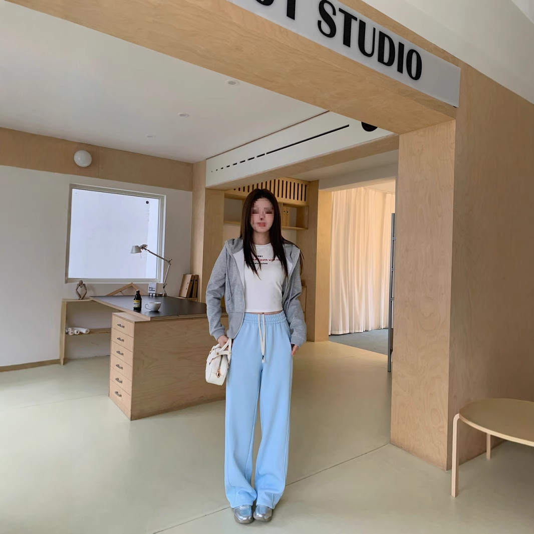 宠裤阔腿裤女高腰显瘦版2025蓝团直筒运动裤蔓茉奶早春宽松垂感窄