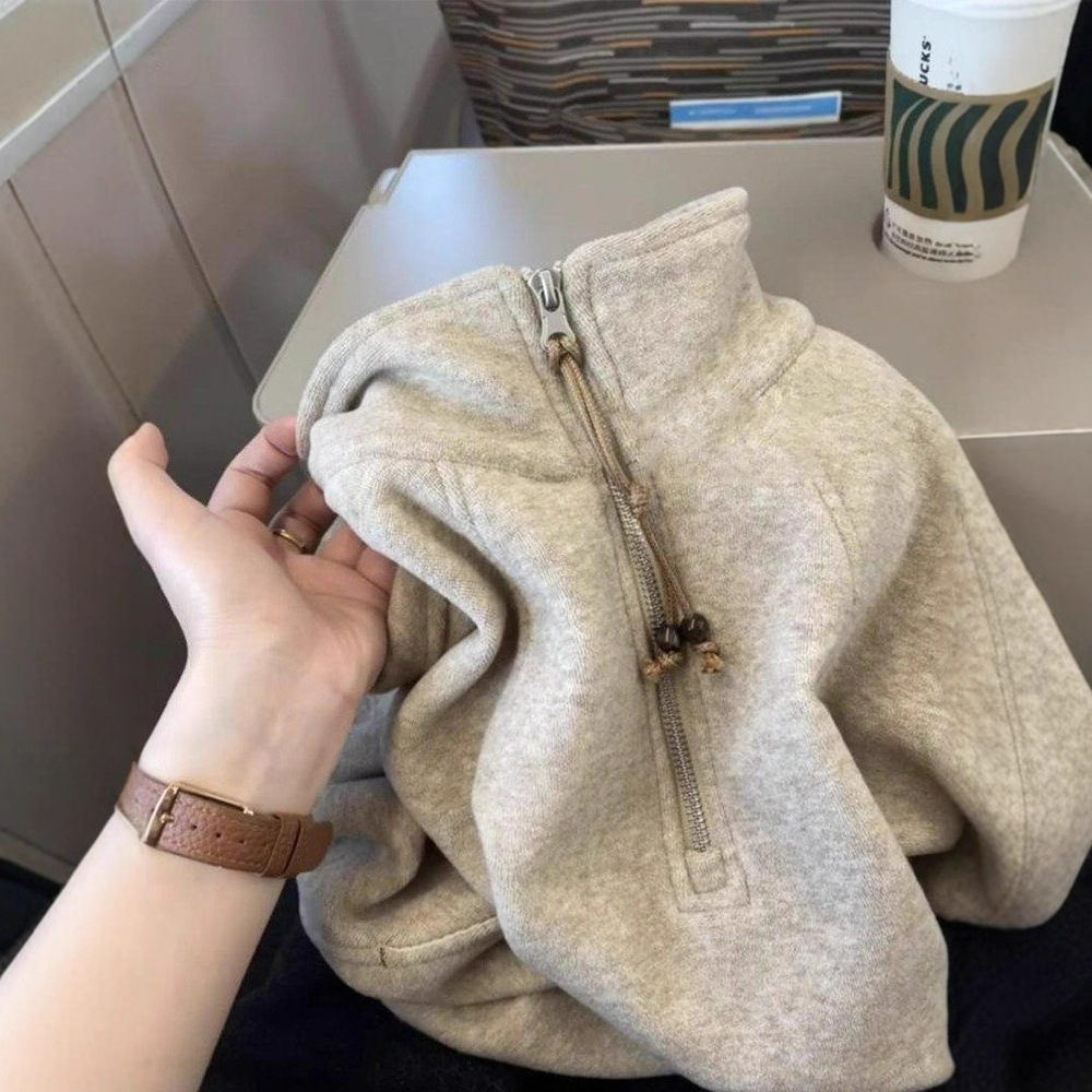 Autumn and Winter New Retro Oatmeal Color Stand-Up Collar Half-Zip Sweatshirt Women's Jacket Loose Lazy High-End Outer Top