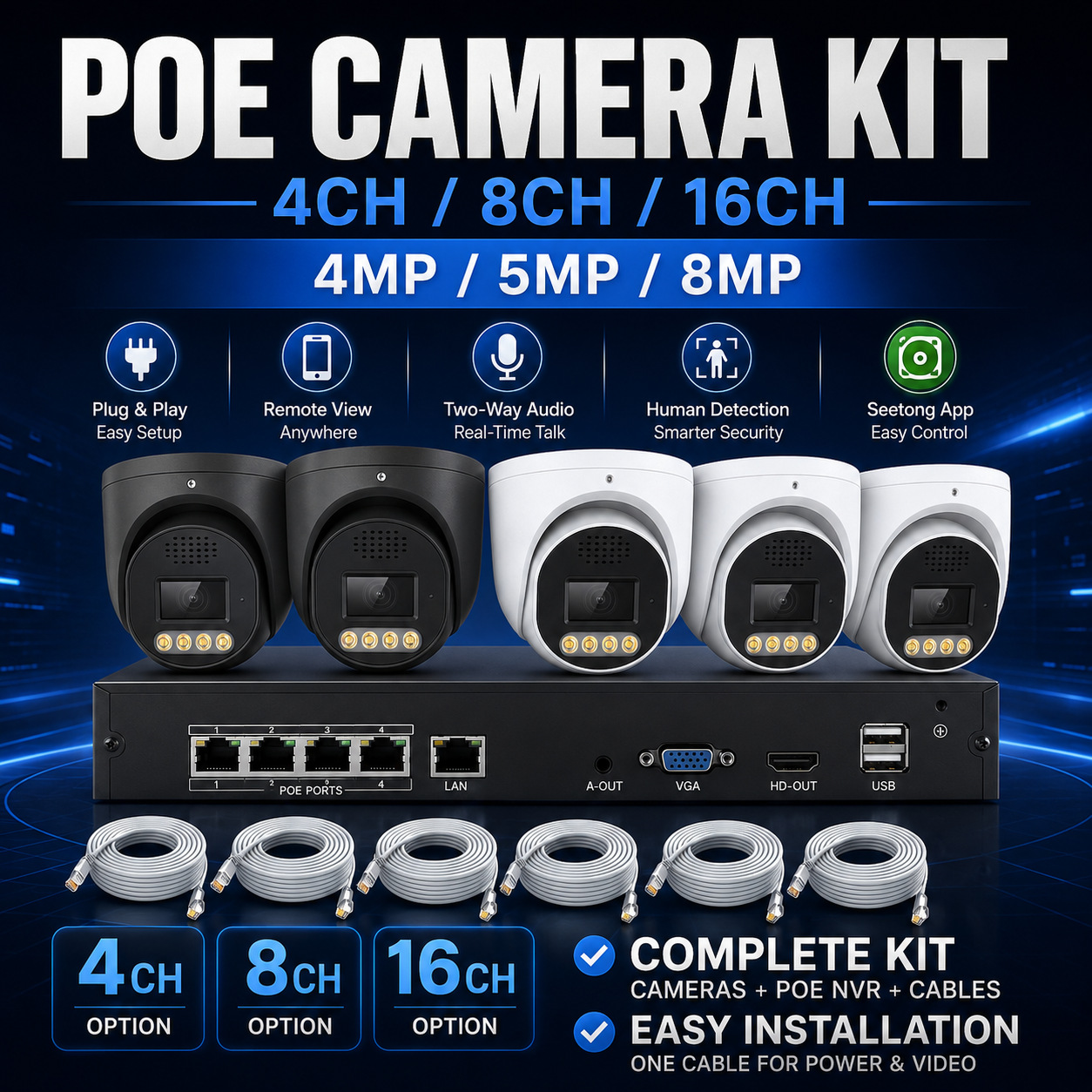 4/8/16CH POE Security Camera System CCTV Kit 监控摄像头套装