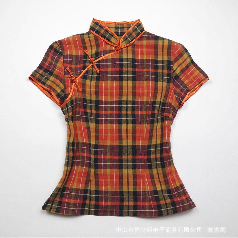 外贸夏季新款中国风旗袍格子斜领盘扣小立领女式短袖百搭T恤上衣