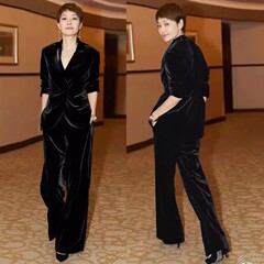 高級感のスターの同項2025春秋の金のベルベットのスーツの女性のハイエンドの女性の味の気質のスーツの2つのセットの女性