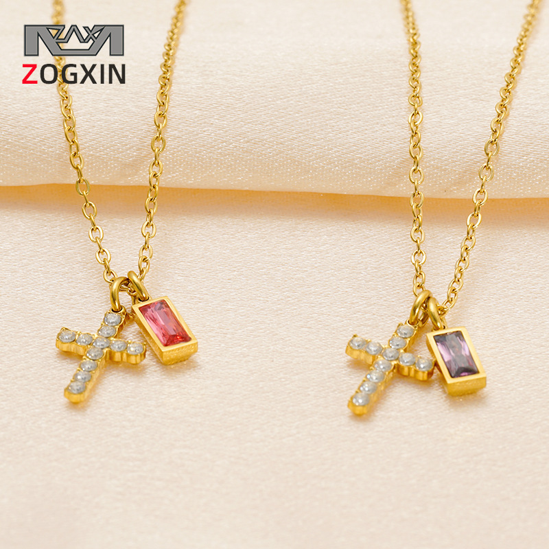 Simple Cross Clavicle Chain with Zircon Inlay, December Pendant Necklace, Trendy Accessory, Holiday Style Earrings