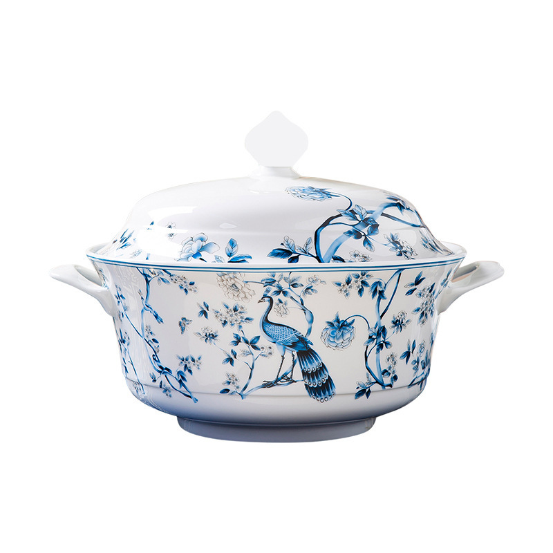 Underglaze tableware set, Jingdezhen bone porcelain, blue peacock pattern, 60‑piece