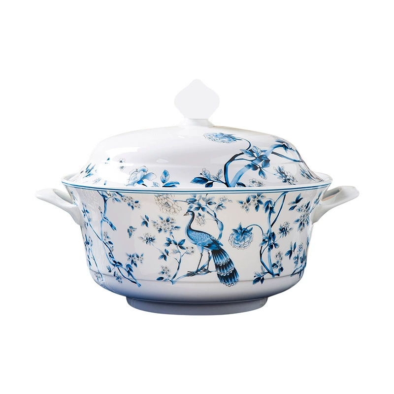 Набор столовой посуды подглазурный, Jingdezhen костяной фарфор, синий павлиний узор, 60 предметов