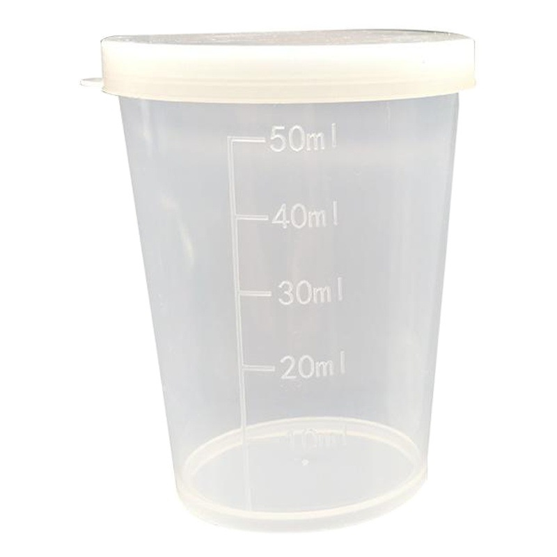 En stock 50ml taza de medir con tapa 50ml taza de medir taza de plástico taza de PP taza de medición transparente con tapa
