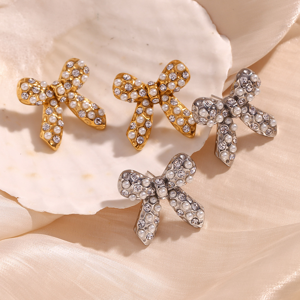 Pearl Zircon Inlaid Bow Stainless Steel Earrings