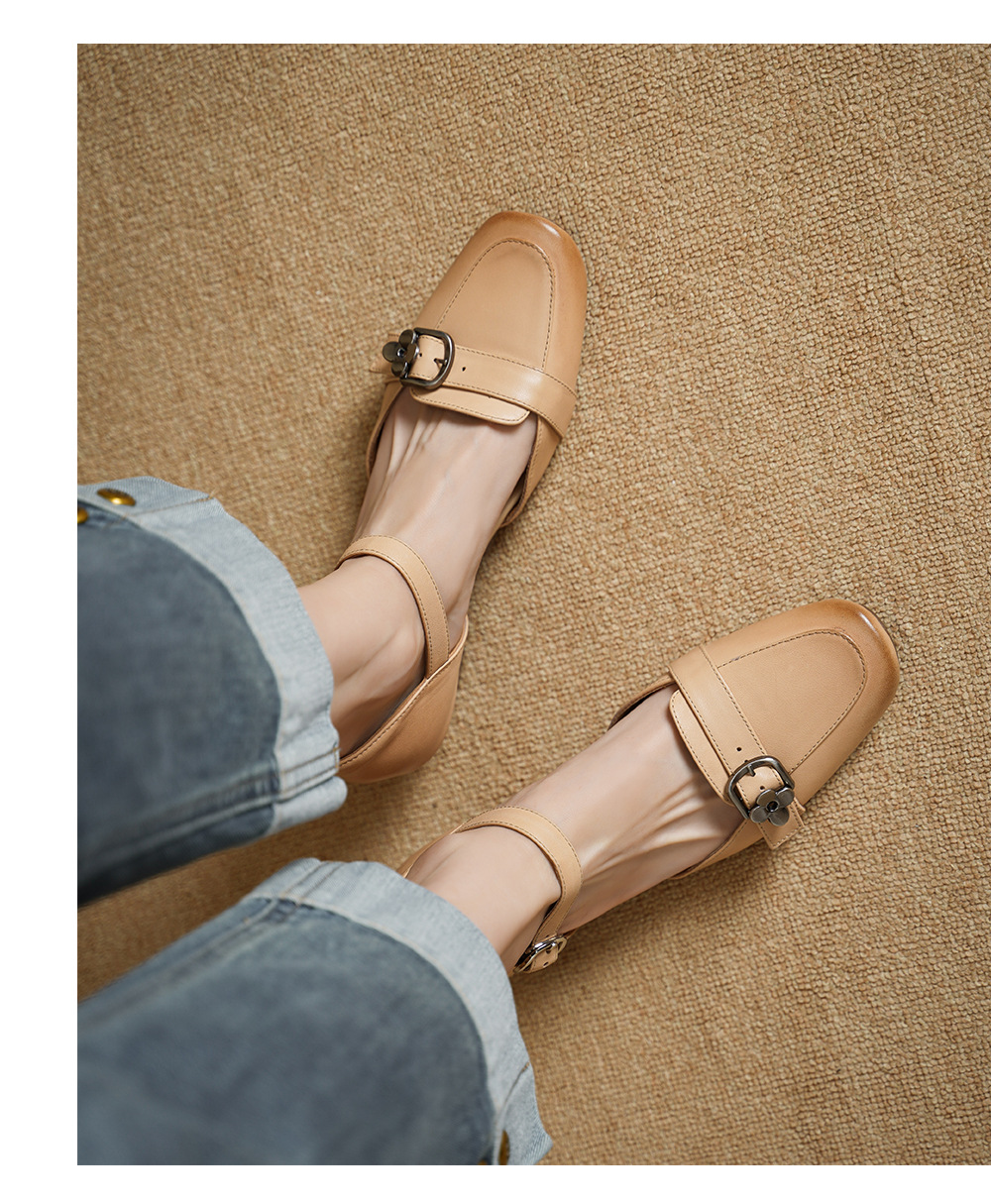 Sandal nữ gót thấp 3,5 cm đầu vuông quai ngang có khóa, phong cách thanh lịch — màu trắng ngà chi tiết 9
