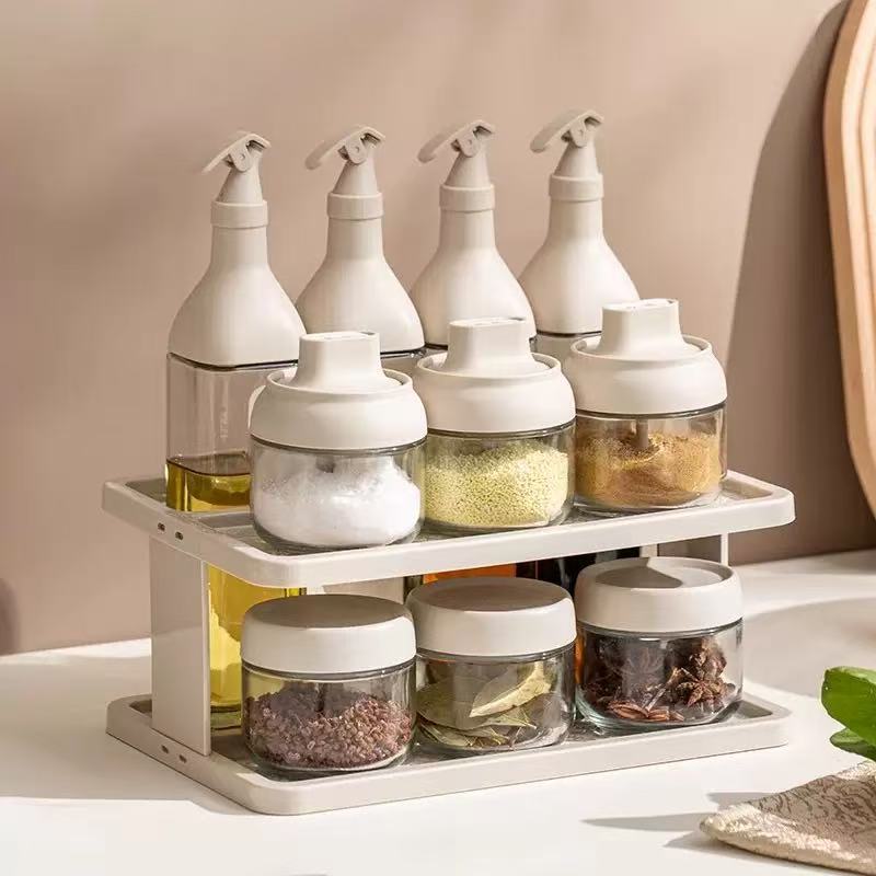 Household Double-Layer Storage Rack Kitchen Oil Pot Set Seasoning Bottle Oil Pot 11-Piece Set Sealed Jar Seasoning Bottle Set