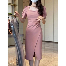 韩版气质方领连衣裙2024夏季新款设计感泡泡袖中长款开叉包臀裙子