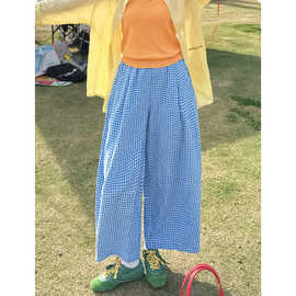 强烈推荐！清爽格纹压褶休闲裤女2026夏季高腰显瘦慵懒九分阔腿裤