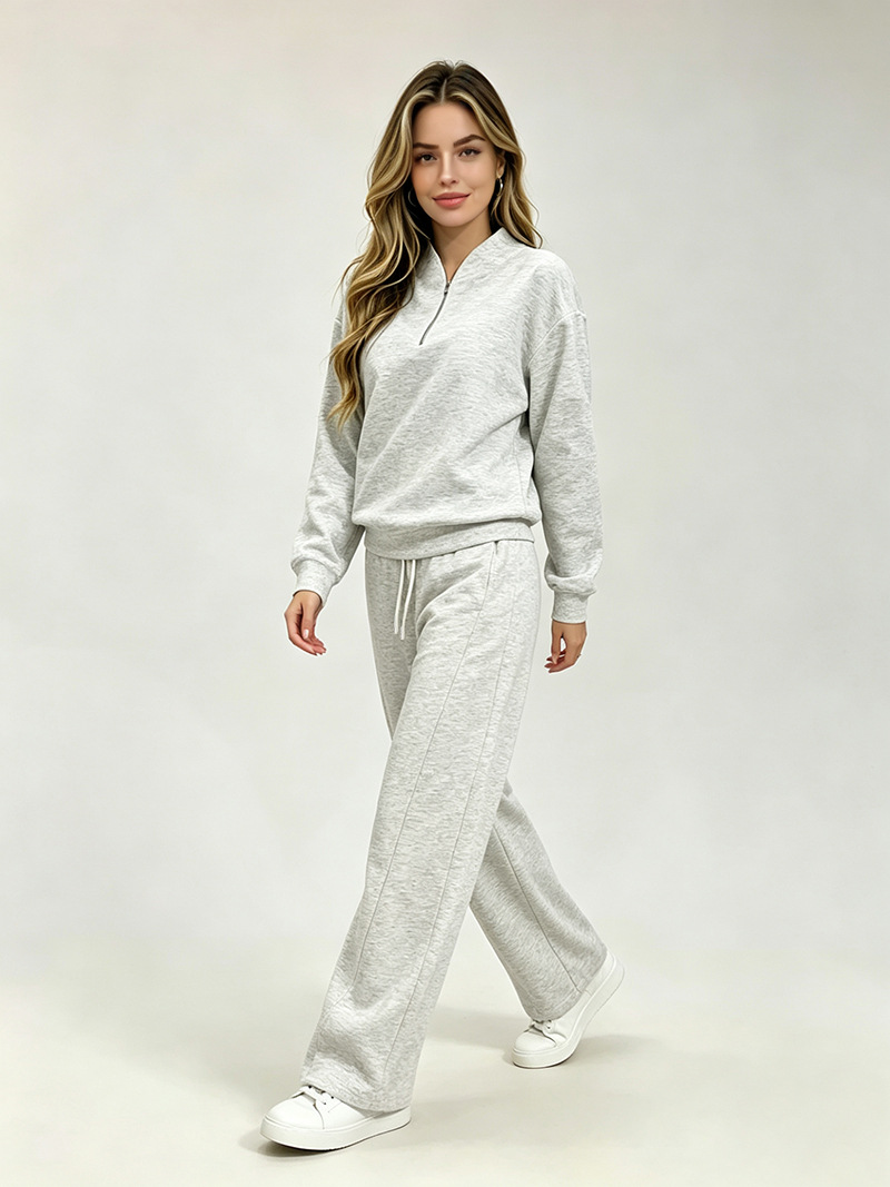 Women's Clothing Women's Fashionable Long Sleeved Sweatshirt Casual Trousers Set Style Autumn Half Open Collar Solid Color Loose Fit_ecoleips.com