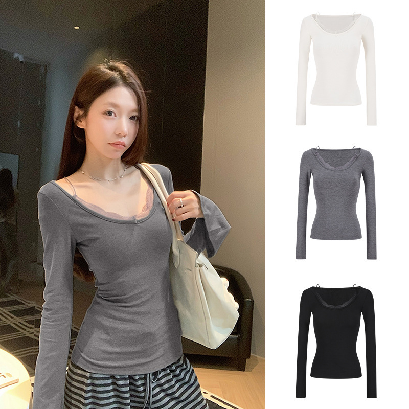Moses Queen/Pure Desire Hot Girl Lace Patchwork Halter Neck Long Sleeve T-shirt with Cinched Waist and Elegant Design Moses Queen/Pure Desire Hot Girl Lace Patchwork Halter Neck Long Sleeve T-shirt with Cinched Waist and Elegant Design
