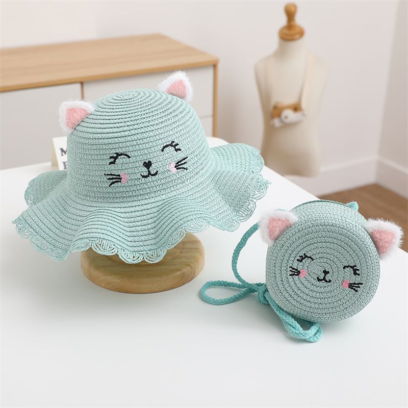 Cat embroidered wavy edge straw hat-green