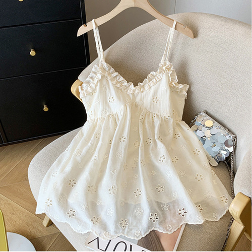 Lose weight large size 300 pounds design sense lace edge spaghetti strap top women summer niche matchy matchy sweet tunic