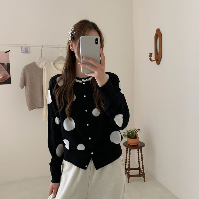 26 Early Spring Wool Blend Elegant Polka Dot Hand-Beaded Round Neck Long Sleeve Thin Knitted Cardigan Top in Socialite Style