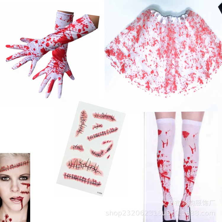 Conjunto de Halloween de comercio electrónico transfronterizo guantes de sangre guantes de calcetines de calcetín tatuaje pegatinas decoración de fiesta fantasma