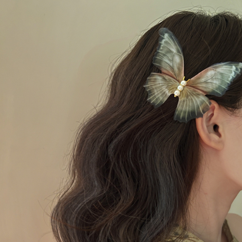 Butterfly Pattern Women'S Gender Pearl Design Sweet Butterfly Cloth Pearl Hair Clip 2 Pieces