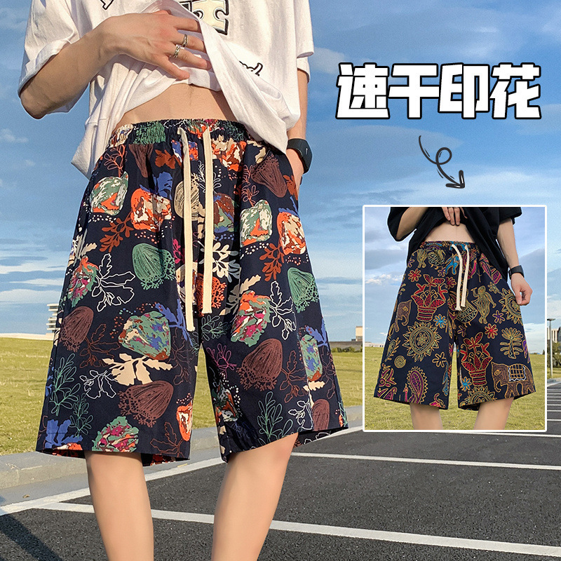 American-Style Over-The-Knee Floral Shorts for Men, Summer Hawaiian Water-Resistant Beach Shorts, Trendy Sanya Quick-Dry Swim Shorts, Six-Point Shorts