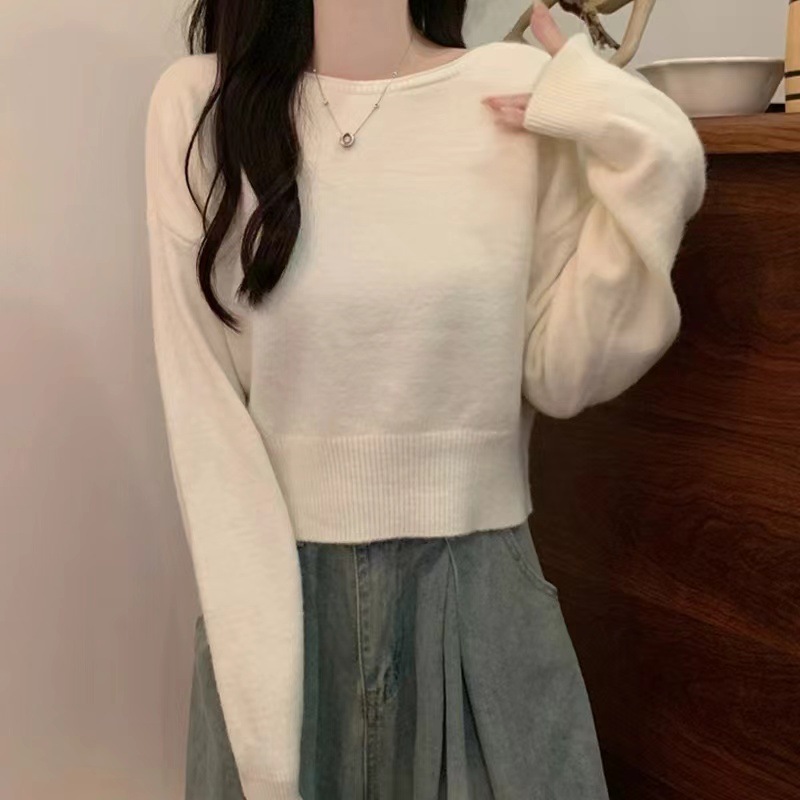 Otoño y invierno nuevos suéteres de mujeres sueltos hookah corto un cuello de punto versátil camiseta de fondo perezosa camiseta de viento para mujeres image 4