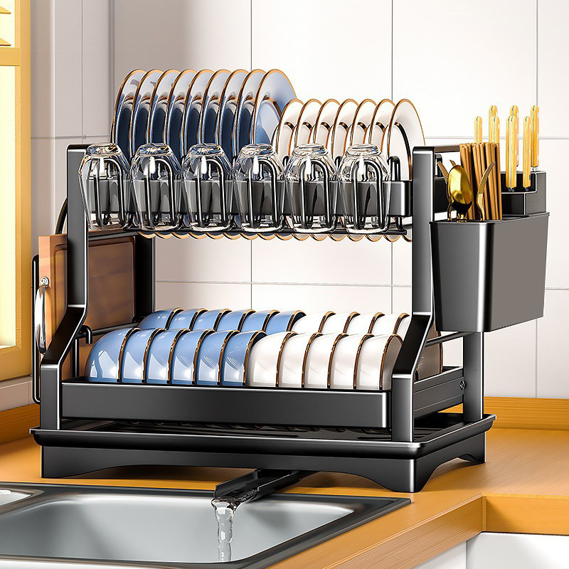Estante de platos de cocina transfronteriza Estante de almacenamiento de mesa Estante de almacenamiento de platos multifuncional Estante de almacenamiento de platos palillos Estante de cuchillos de cilindro Estante de tablero de corte Doble capa