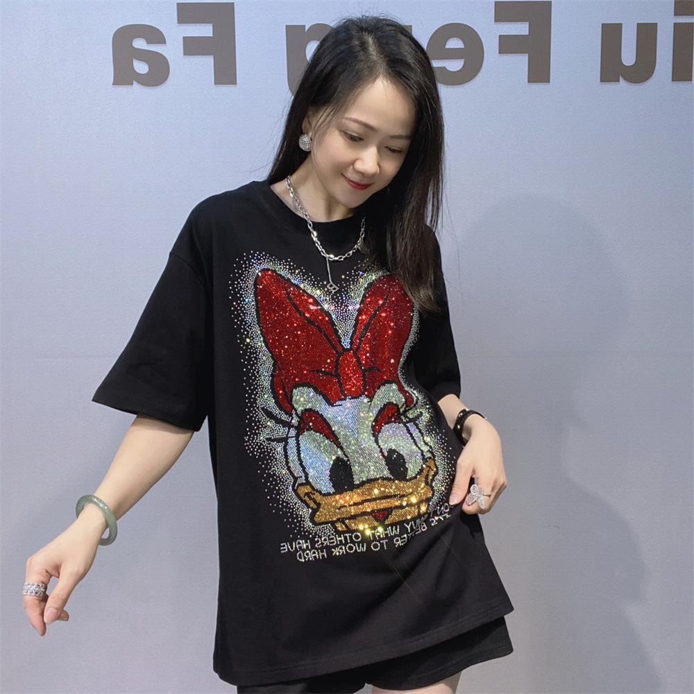 Camiseta de mangas cortas de gran tamaño de ropa de mujer americana de verano de diamante pesado caliente de cuello redondo de media manga de algodón