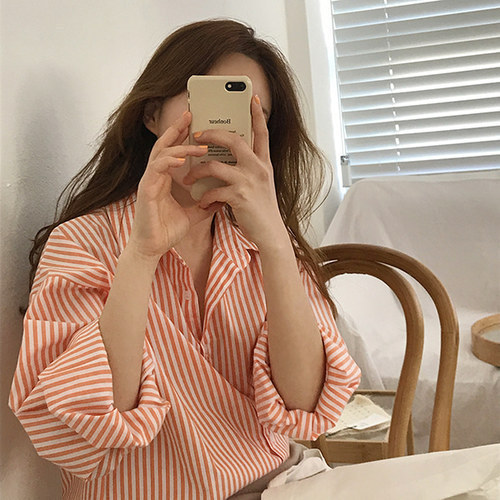 Real Shot of 1688 Spring New Korean Color Fried Chicken Good-Looking Loose Stripesd Elegant Shirt Collage/Splicing