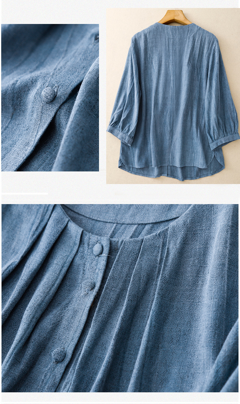 Women's Solid Color Button Down Cardigan Shirt Heavy Duty Cotton Linen Round Neck Three Quarter Sleeves Loose Fit Artistic Versatile Breathable Top_ecoleips.com