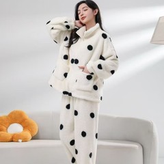 可爱波点睡衣女秋冬季珊瑚绒加厚拉链高领法兰绒家居服套装可外穿
