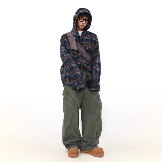 American Style Vintage Contrast Plaid Hooded Long-sleeved Shirt Men's Trendy Street Loose Casual All-match Shirt Jacket
