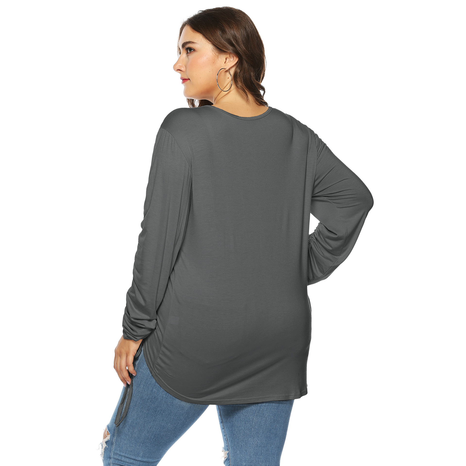 plus size lip print V-neck sequined drawstring long sleeves T-shirt NSOY125380