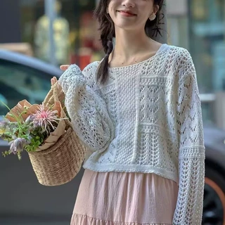 杏色镂空针织衫女开春chic韩系氛围感气质超好看温柔独特上衣