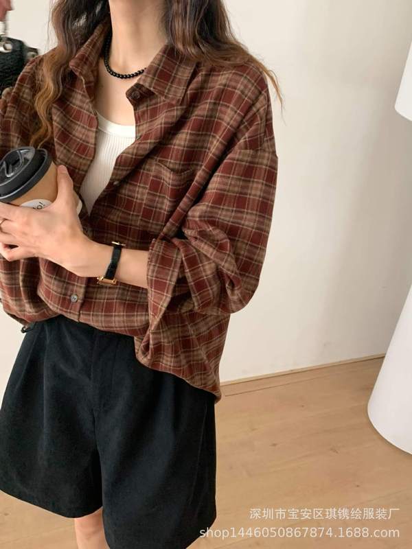 琪镌绘制美式复古长袖格子衬衫女秋季新款高级感显瘦休闲叠穿衬衣|undefined
