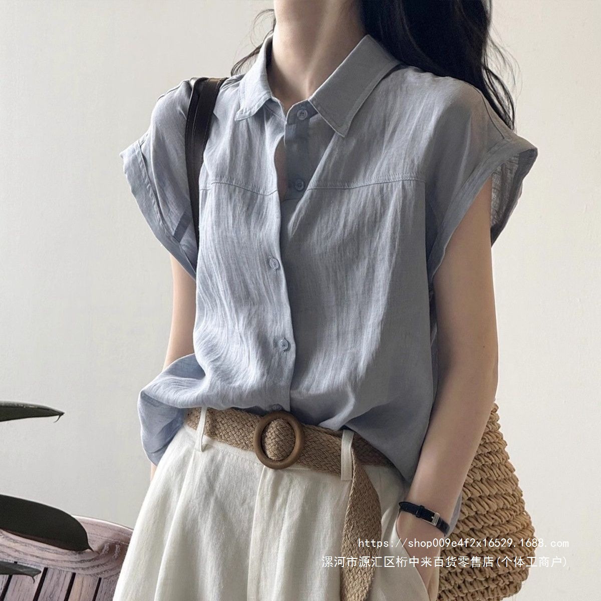 2026 Summer High-End Blue Short-Sleeve Shirt for Women, Perfect for Summer Commute, Small Flutter Sleeves, Sleeveless Top, Sophisticated Style