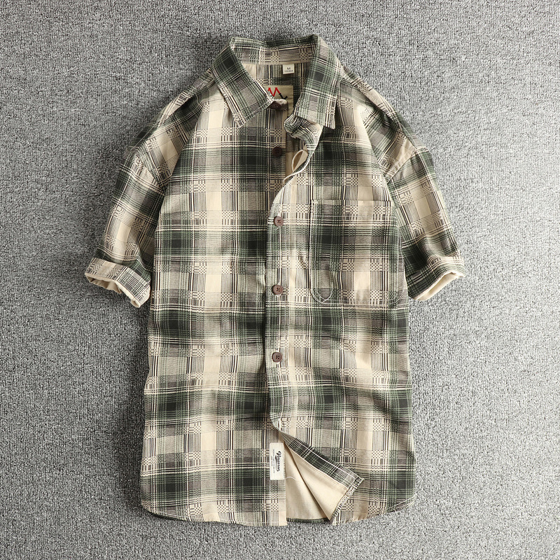 New Japanese Retro Design Plaid Short-Sleeved Shirt Men's Woven Cotton Washing Distressed Youth Loose Shirt