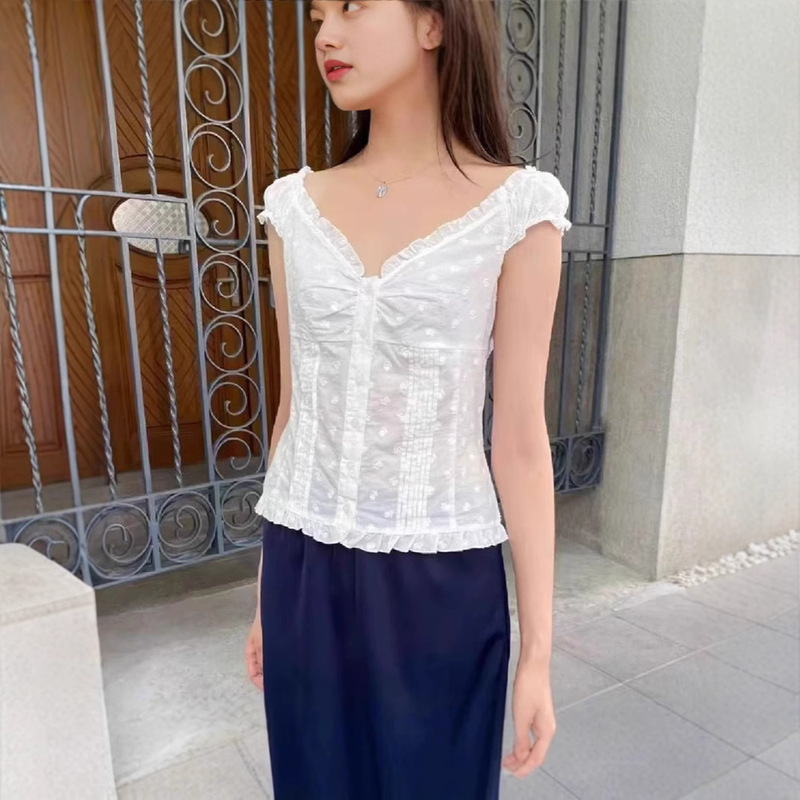 Bm Style Off-Shoulder White Flower Embroider Pleated Lace Collar Ruffled Waist Short-Sleeved Shirt Sweet Shirt Top